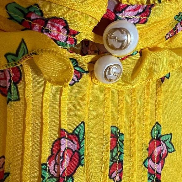 Gucci Girl's Silk Floral Mini Dress 8 Yellow Ruffle Long Sleeve Made in Italy - Picture 6 of 9